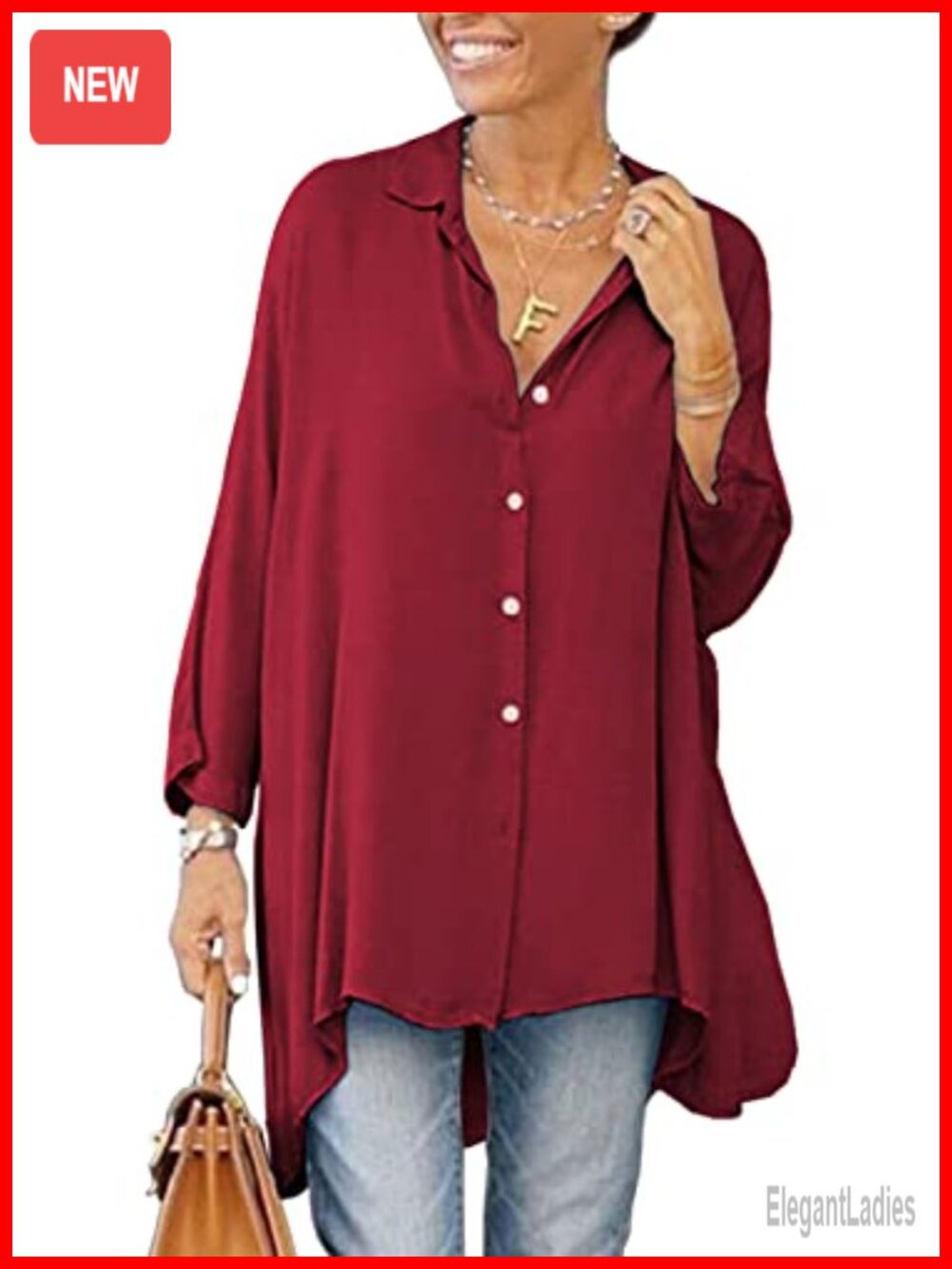 Oversized Button Down Long Sleeve Blouse High Low Hem Tunic Top